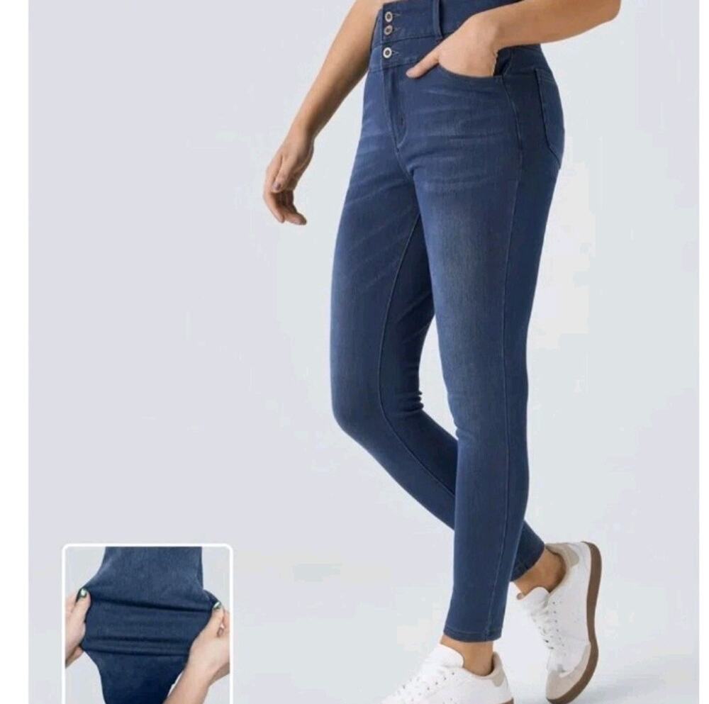 Halara Flex high-waisted casual denim leggings featuring three-button fly sz Sm
